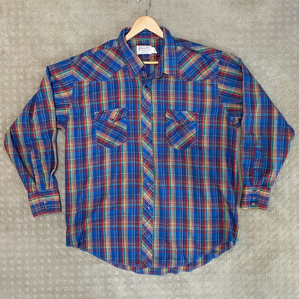 Vintage Mens Wrangler Pearl Snap Plaid Shirt Western Rockabilly Long Tail 19-35